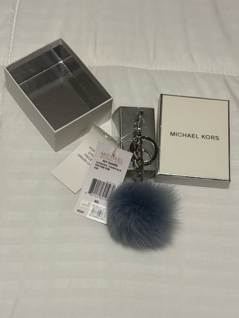 Michael Kors Blue Fur Pom Pom Keychain with Silver Hardware